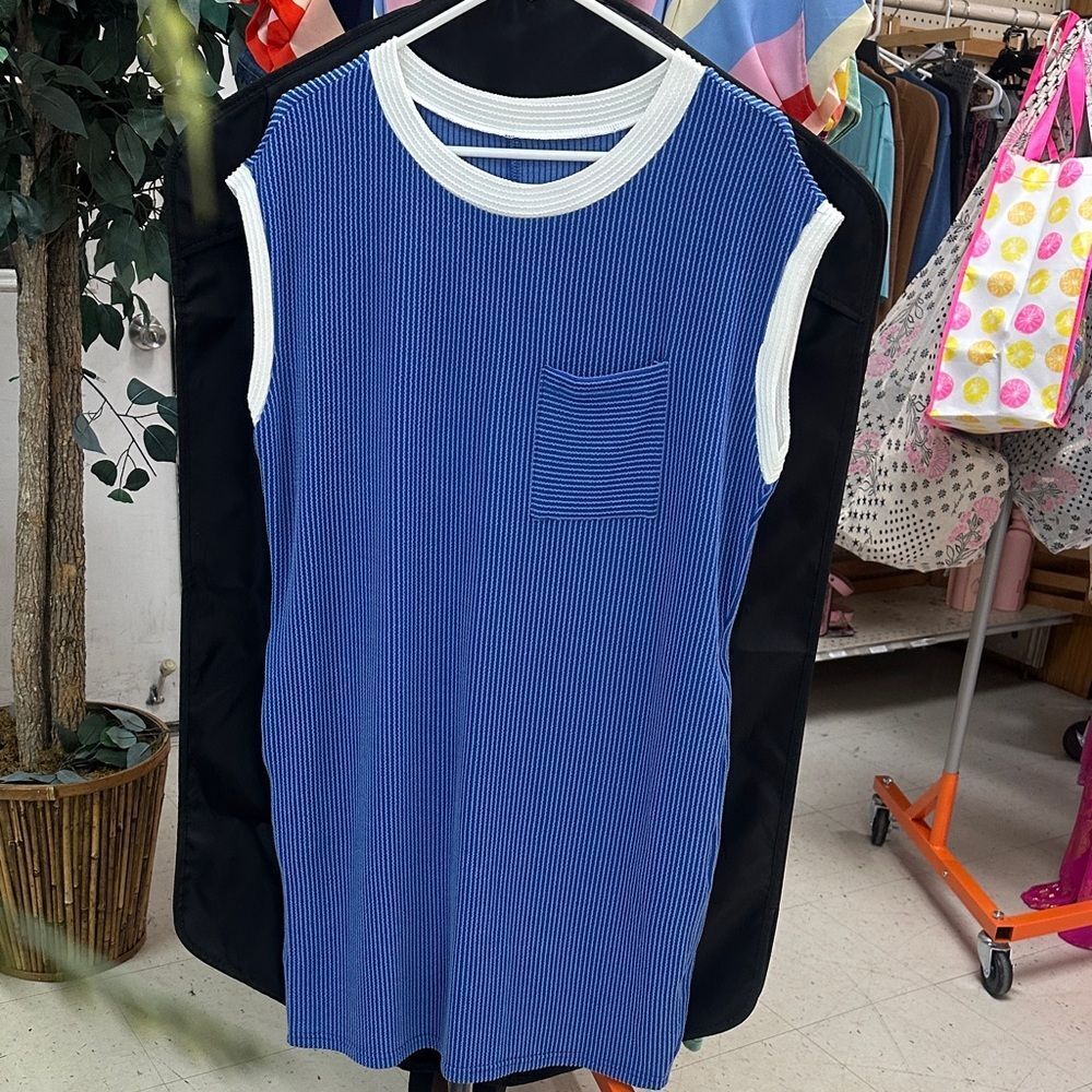 Striped Blue and White Sleeveless Midi Dress